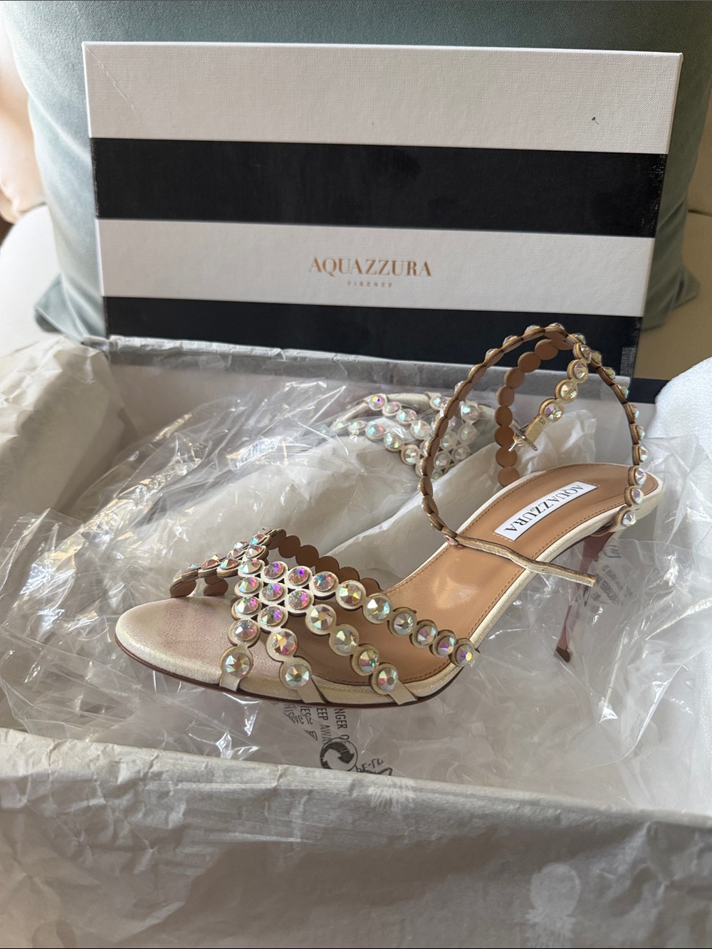 Aquazzura Nude/Iridescent Crystal Embellished Stiletto Sandals